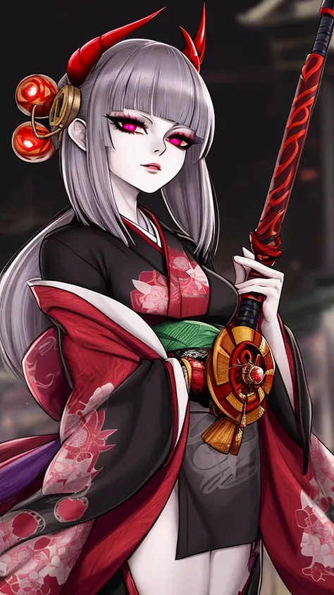 It looks like Demon Slayer,Japanese clothing kimono,Oiran,Female Swordsman,Turning around、The location is the night entertainment district。High resolution, Grey hair, Purple eyes, Horns of the beast, tooth, Highest quality, Gaze, Textured skin, Ultra high ...