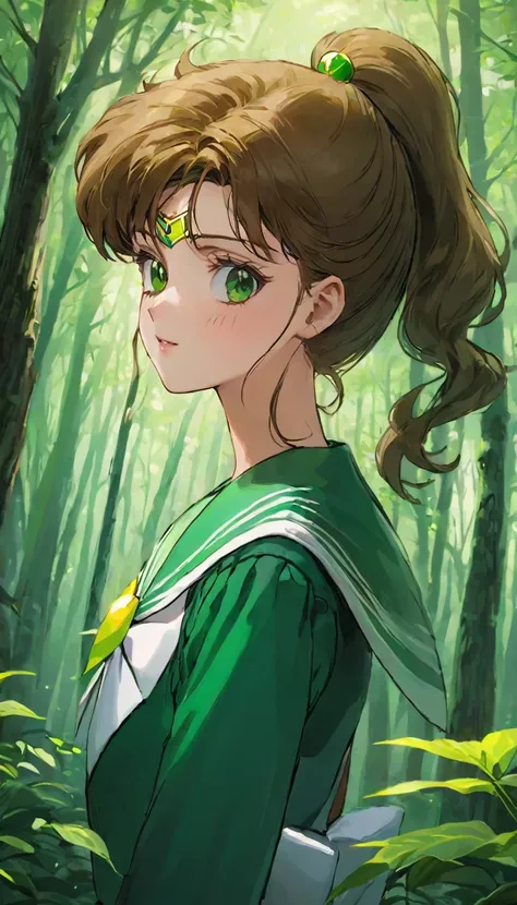 Sailor Jupiter、((非常に繊細な描写のFace))、((Very detailed_Face_pupil))、look back、Background blur、Blurred background、Dark Forest、Deep Forest、Walk、best quality、Ultra-high resolution、Very detailed、８ｋ、SailorJupiter，Hold your phone