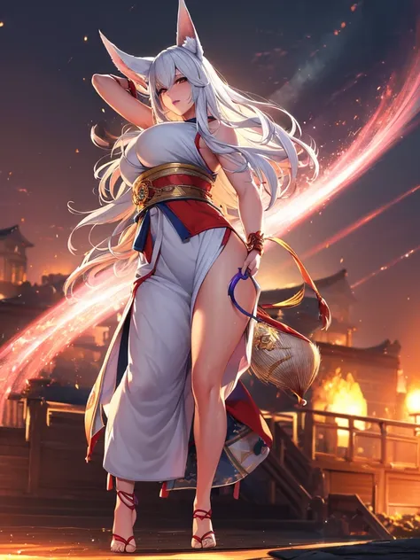 4K Digital art style quality, digital drawing mode, Japanese folklore-themed anime female character, silvery white hair with fox ears and tails, bright gold eyes, wearing a traditional dress with magical runes, holding a mystical fan, Blur the background t...