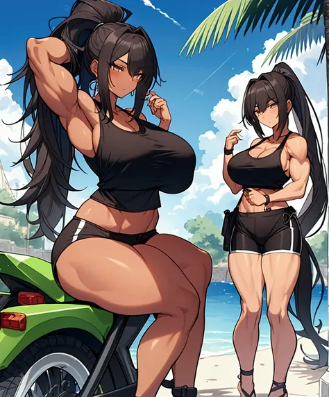 (((muscular))) (((((long hair)))) ((((long legs)))) (((huge breasts))) (((masterpiece))) (((extremely detailed face))) (((1 girl))) (((sunny garden))) (((ponytail haircut))) (((spanish girl))) ((full body)) ((tank top bike shorts)) ((corsica)) dark skin bl...