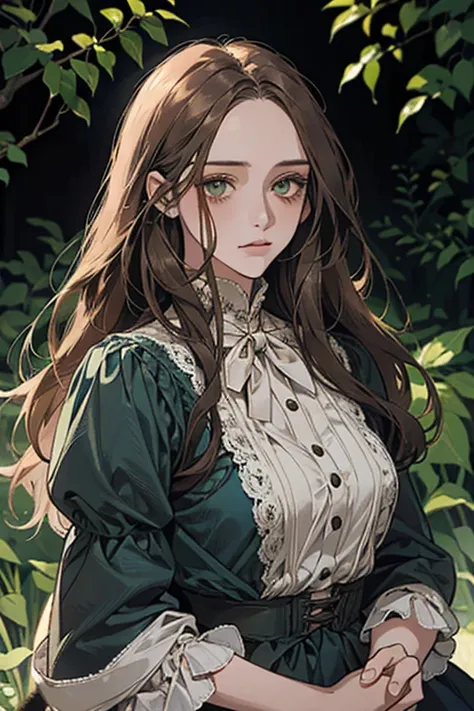 a digital painting of a woman with long brown wavy hair, green eyes, a young noble woman from the 1800s , soft features, navy blue dress, in a garden, portrait style