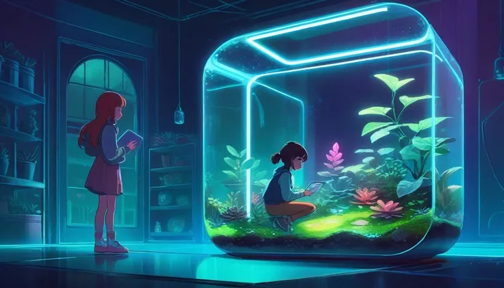 a girl look A square rounded edged terrarium, hall full of warter, with a rock inside, metalic neon lights