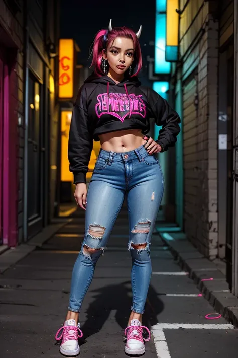 1female, deep crimson hair, styled in a high ponytail, fierce amber eyes, confident expression, black oni horns curving elegantly from her forehead, oversized graphic hoodie in neon pink, ripped black jeans, chunky white sneakers, silver hoop earrings, urb...