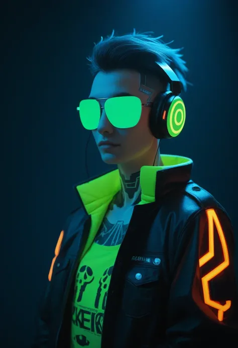  photo with of 4000 pixels high resolution.Create a neon, cyberpunk-style image featuring an anthropomorphic skeleton DJ. The skeleton should be wearing headphones, sunglasses, and a jacket with vibrant neon accents. The character should be posed confident...