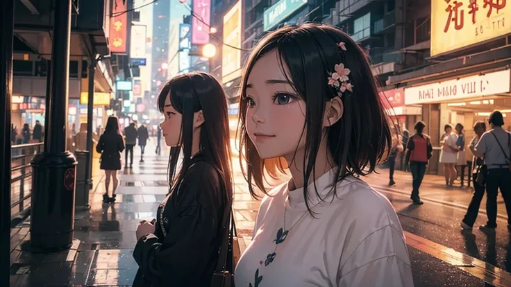 (best quality), (masterpiece), a background image for Lofi Music with a Vietnam girl, (Vietnam girl:1.1), (Lofi Music:1.3), (serene expression:1.3), (ray tracing:1.3), (realistic:1.5), City of the Night, neon signs on the street sparkle,City of the Night,S...