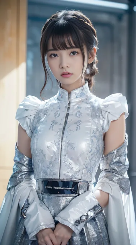 NSFW,((top-quality、8K、tmasterpiece:1.3))Wearing a silver-white mech，Girl with delicate face，The highest image quality，ultraclear，The facial features are delicate and clear，machine arm，exquisitedetails，(Camel Tou)、Mechanical pattern,cyber punk perssonage、Cy...