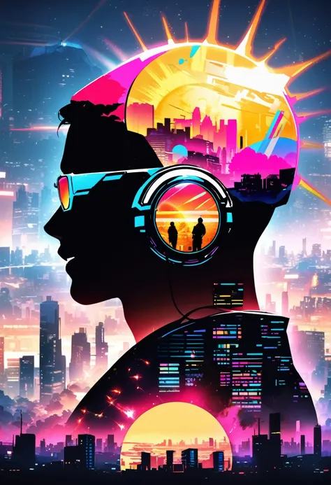 silhouette of a man in profile. short hair, (((sun glasses:1.3))), (headphones:1.3), Inside the silhouette you can see the  with a deep cyberpunk, city, supernova explosion, cyberpunk night city back ground（masterpiece), ((double exposure)), proportional.,...