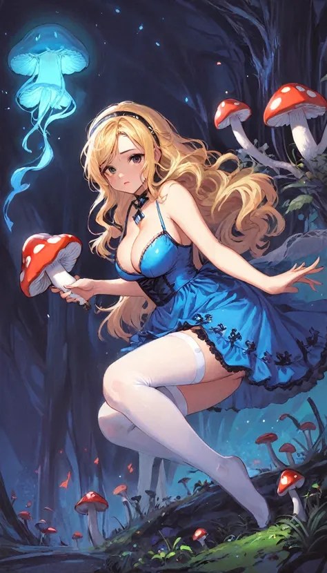 a beautiful 20 year old blonde woman with big messy hair in a blue dress, white stockings, black headband, cleavage, holding a glowing mushroom, fantasy art style, rossdraws cartoon vibrant, alice x. zhang, alice in wonderland cyberpunk, cute detailed digi...