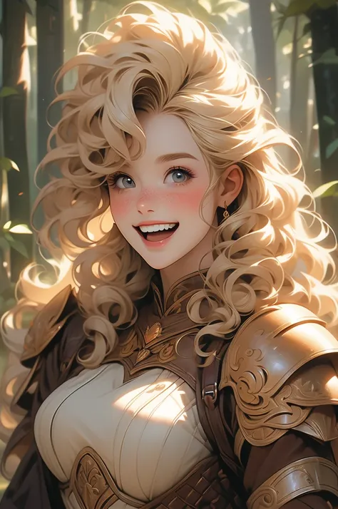 1 girl, curly blonde hair, freckles, voluptuous, giant, strong, laughing, leather armor, heroine, forest background