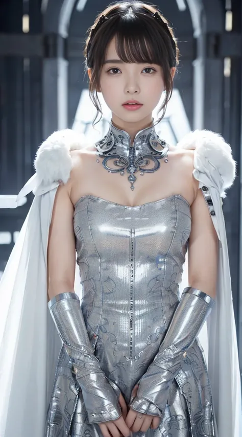 NSFW,((top-quality、8K、tmasterpiece:1.3))Wearing a silver-white mech，Girl with delicate face，The highest image quality，ultraclear，The facial features are delicate and clear，machine arm，exquisitedetails，(Camel Tou)、Mechanical pattern,cyber punk perssonage、Cy...