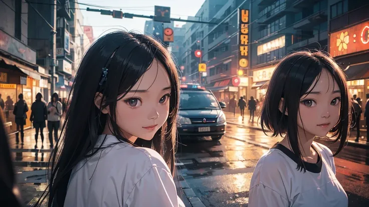 (best quality), (masterpiece), a background image for Lofi Music with a Laos girl, (Laos girl:1.1), (Lofi Music:1.3), (serene expression:1.3), (ray tracing:1.3), (realistic:1.5), City of the Night, neon signs on the street sparkle,City of the Night,Smiling...