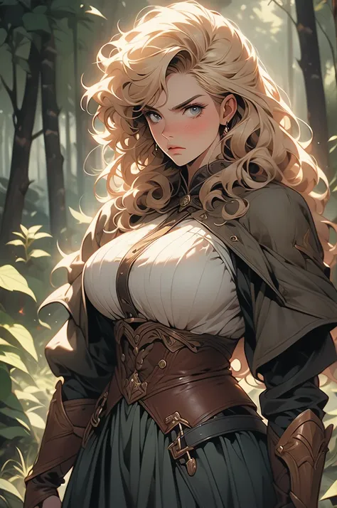 1 girl, curly blonde hair, freckles, voluptuous, giant, strong, angry, leash, bdsm, looking down at viewer, leather armor, heroine, forest background