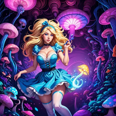 a beautiful 20 year old blonde woman with big messy hair in a blue dress, white stockings, black headband, cleavage, holding a glowing mushroom, fantasy art style, rossdraws cartoon vibrant, alice x. zhang, alice in wonderland cyberpunk, cute detailed digi...