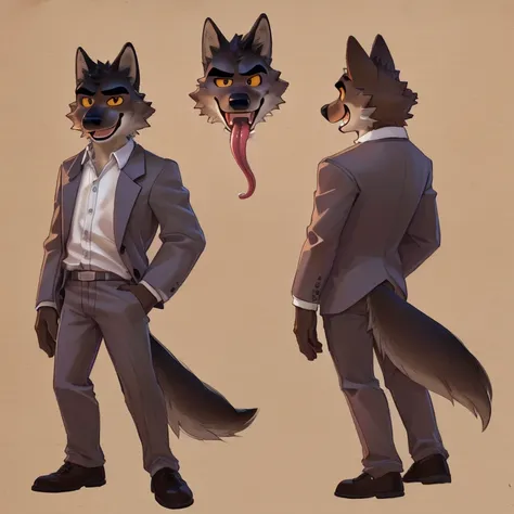 mr. wolf (the bad guys), looking at viewer, open mouth, sticking out long tongue, yelloe eyes, brown fur, wide-eyed, wolf ears, ...