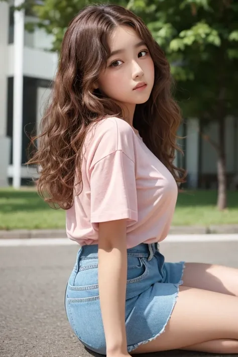 A girl with medium-sized brown curly hair wearing a light pink shirt kneeling, sticking out her buttocks, and looking straight sideways