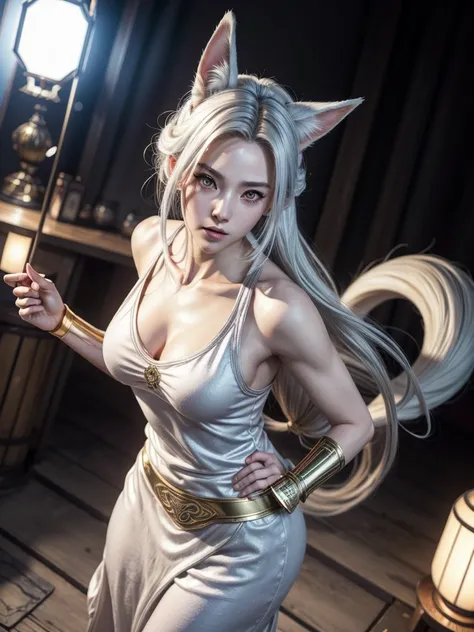 4K Digital art style quality, digital drawing mode, Japanese female character, silvery white hair with fox ears and tails, bright gold eyes, wearing a tank-top with magical runes, holding a mystical sword, Blur the background to create a three-dimensional ...