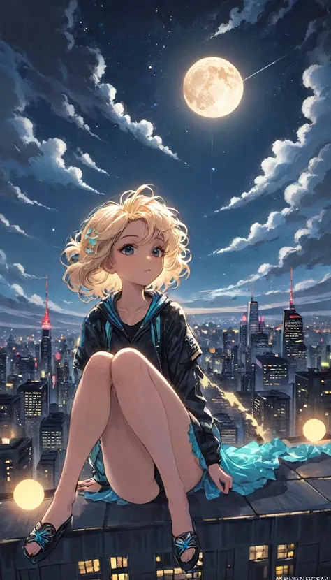 a beautiful 20 year old blonde woman with big messy hair laying on a cloud in the sky floating over a cityscape at night, twinkl...