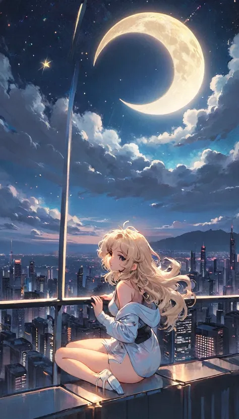 a beautiful 20 year old blonde woman with big messy hair laying on a cloud in the sky floating over a cityscape at night, twinkling stars and glowing moon, fantasy art style, rossdraws cartoon vibrant, cyberpunk, cute detailed digital art, colorfull digita...