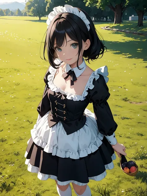 Draw the face in detail、1 childish girl、Maid costume、Professional lighting、Happy expression、Shiny black hair、Perfect anatomical structure、On a green meadow、Holding fruit，Standing on the grass