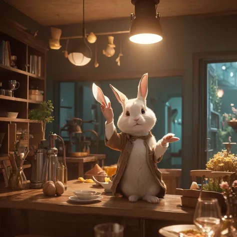 Cute adorable rabbit waving and smiling saying hello to me, Unreal Engine, Pleasant interior lighting, Detailed digital painting, movie, Character design by Mark Redden, Pixar and Hayao Miyazaki, Unreal 5, Daz, Surrealism, Octane Rendering, 3DMDT1  