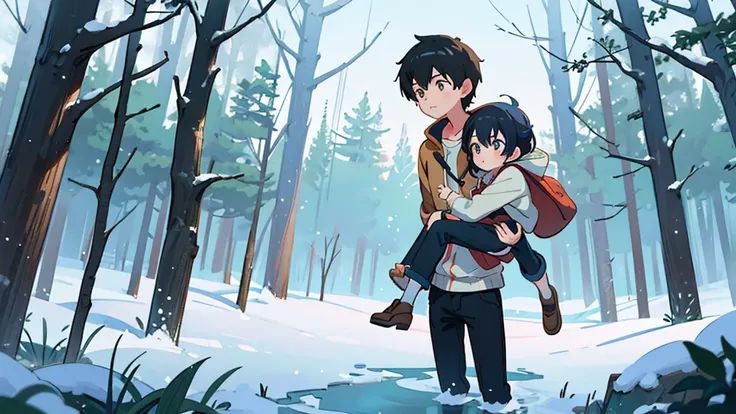 1boy, 1girl, carrying, piggyback, in a heavy snow storm, In a forest,  an image of Makoto Shinkai, trend on pixiv, conceptual art, guweiz style artwork, Guweiz and Makoto Shinkai, Sakimichan and Makoto Shinkai, ( ( Makoto Shinkai ) ), sad anime scene. Kawa...