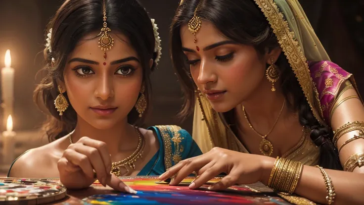 Create a hyper realistic 8k ultra hd pro painting without border in Close-up shot of Susana’s hands skillfully painting an image of Radha and Krishna , conceptual art,  cinematic,  illustration 