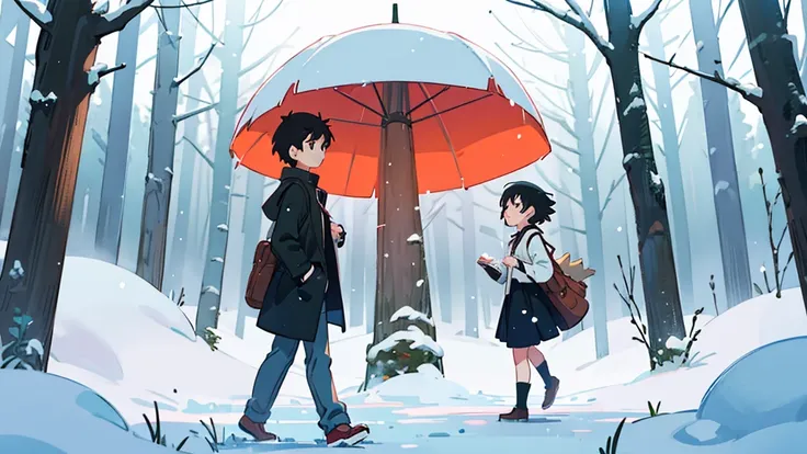 11boy, 1girl, walking in a heavy snow storm, In a forest, an image of Makoto Shinkai, trend on pixiv, conceptual art, guweiz style artwork, Guweiz and Makoto Shinkai, Sakimichan and Makoto Shinkai, ( ( Makoto Shinkai ) ), sad anime scene. Kawaii Design, fa...