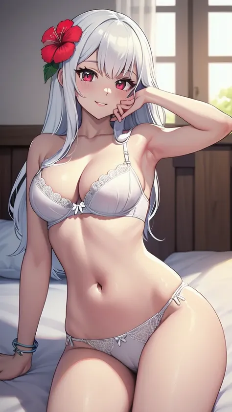 (masterpiece:1.2), (best quality:1.2), (intricate details:1.2), (anime coloring:1.1), ((top-quality)), solo girl, white hair, red eyes, long hair, medium breasts, sexy body and face, wavy hair, smile, (parted lips:0.9), lipstick, white lingerie, white bra,...