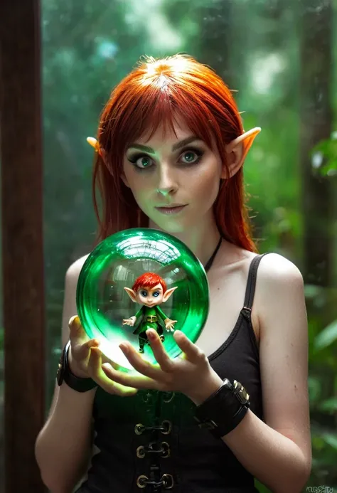 A female fire red headed elf, with emerald green eyes, brown tank top and small jeans shorts. She wears black Doc Martens.

 She holds a small transparent glass orb close to her eye. The orbs diameter is about 3 inches. Inside the orb is a very tiny man, t...