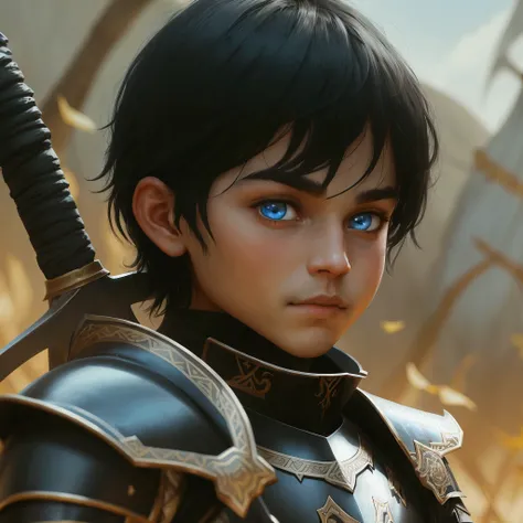 A noble warrior with a long sword , black metal armor, Caucasian skin , short black hair and light blue eyes, male face, sem beard . He is with his daughter. A beautiful 5 year old child, a happy black haired one, No meio da floresta, fatherly moment 