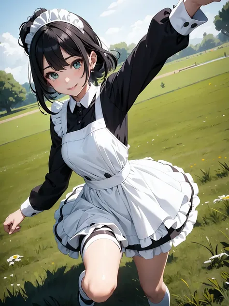 Draw the face in detail、1 childish girl、Maid costume、Professional lighting、Happy expression、Shiny black hair、Perfect anatomical structure、On a green meadow、Dance