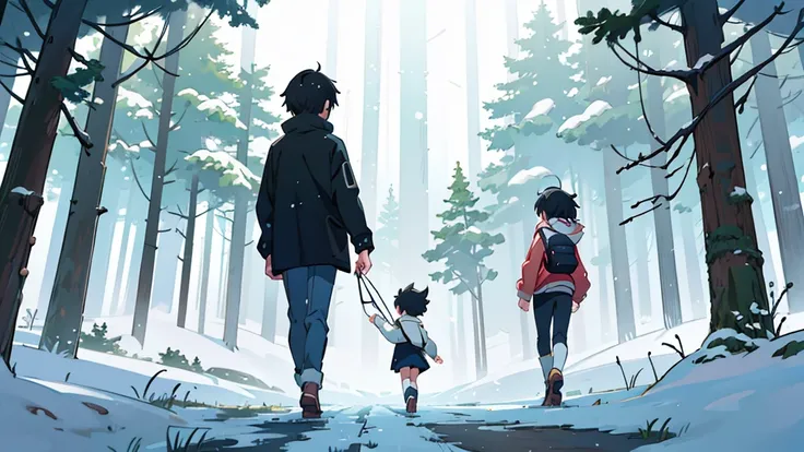 1 girl and 1 boy walking in a heavy snow storm, In a forest, an image of Makoto Shinkai, trend on pixiv, conceptual art, guweiz style artwork, ( ( Makoto Shinkai ) ), sad anime scene. Kawaii Design, body details (ultra quality 4k) (many details) view from ...