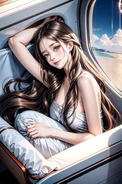 sleeping in the plane, nude,  prone position. with a shy face. long wave hair, brown eyes.