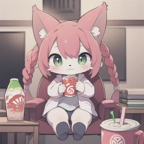 bset quality,solo,pigtails,tail,neko_hakase drinking soda,sit,neko_hakase drinks energy drink,furry,chibi, cute detailed eyes,ha...