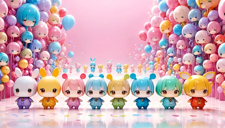 conceptual installation art, there are so many cute chibi characters lined up, background pastel color, (ultra detailed, absolutely resolution, best quality:1.3), 2.5D, delicate and dynamic, artistic photography, hyper realistic, graphic CG digital art