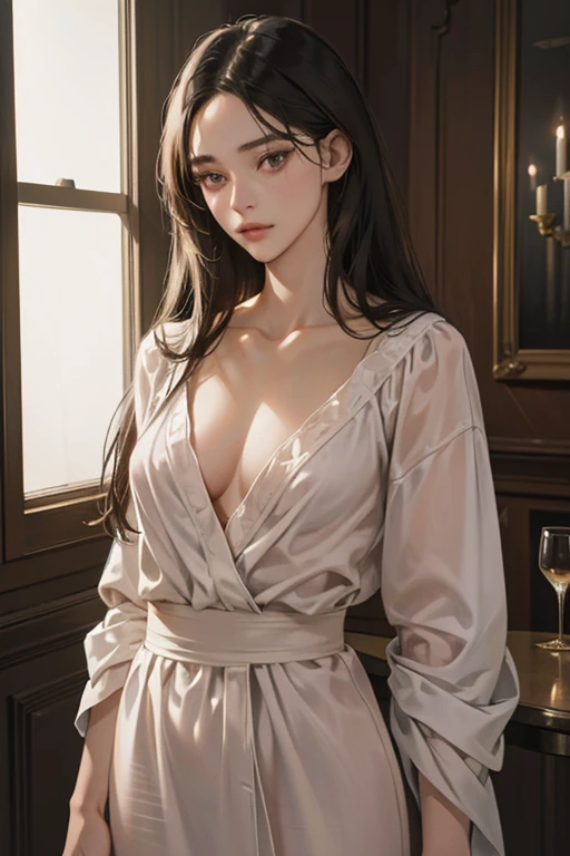 A beautiful 1 woman with long black hair, straight hair, bullish gaze, elegance, wearing a bathrobe, solid makeup, 23 years old with small bust, standing in a room with two handsome men in suits, well-muscled, firm shoulder width, adult male, boyish hairst...