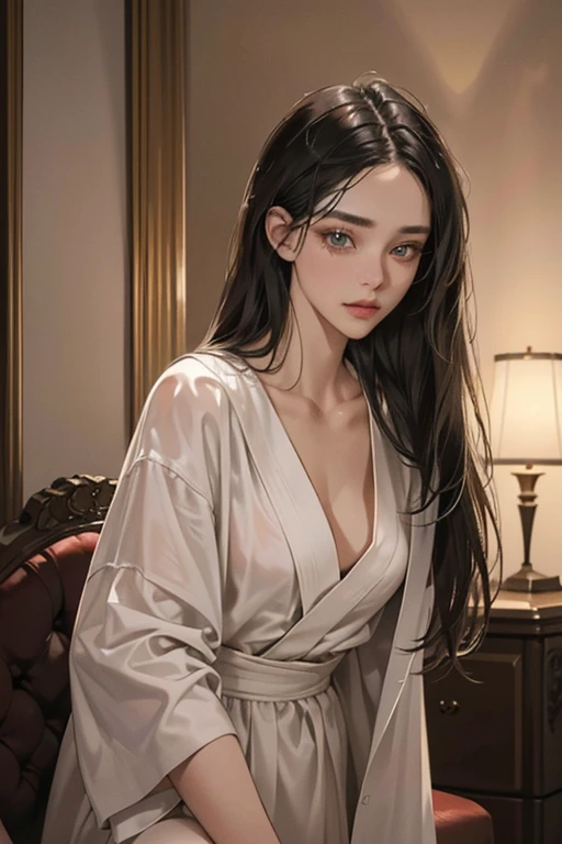 A beautiful 1 woman with long black hair, straight hair, bullish gaze, elegance, wearing a bathrobe, solid makeup, 23 years old with small bust, standing in a room with two handsome men in suits, well-muscled, firm shoulder width, adult male, boyish hairst...