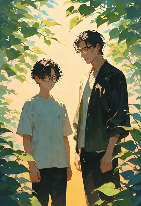 Style 9,Two men,２By people,leaf,Shadow of the Sun,On the left is a tall man with black hair and glasses,On the right is a short, blond man without glasses.