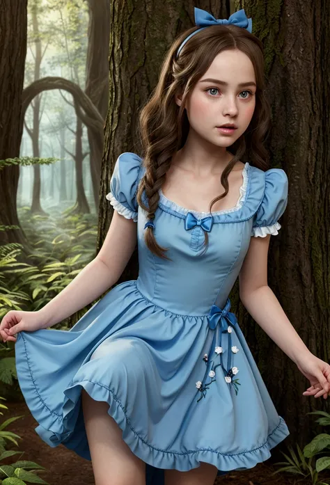 there&#39;s a girl in a blue dress walking through the forest, alice from alice in wonderland, from alice in wonderland, retrato from alice in wonderland, like alice in wonderland, Alice in Wonderland style, inspired by Alice Prin, photorrealistic, art in ...