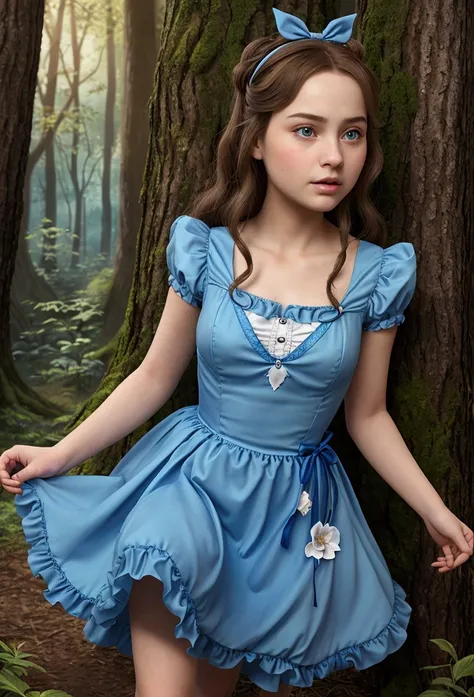 there&#39;s a girl in a blue dress walking through the forest, alice from alice in wonderland, from alice in wonderland, retrato from alice in wonderland, like alice in wonderland, Alice in Wonderland style, inspired by Alice Prin, photorrealistic, art in ...