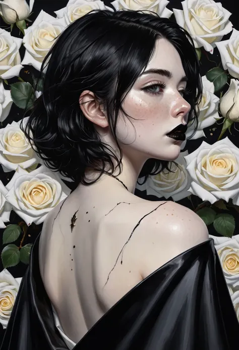 score_9, score_8_up, score_7_up, rating_explicit, photorealistic, painting, from the side, upper body, nude, eclipse behind head, border of white roses, black cloak wrapped around body, portrait, female, pale skin, smal tits freckles, messy short black hai...