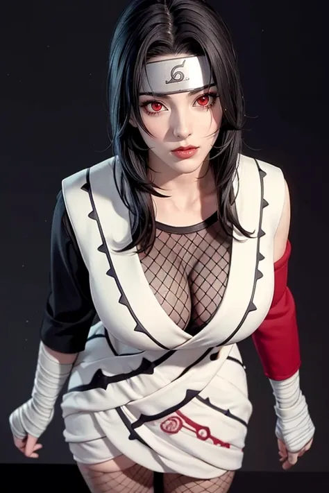 （（（Perfect figure，figure，forehead protector，bandaged hand，konohagakure symbol，fishnets，Red single sleeve，White striped clothes，（（（Kurenai Yuhi, black hair, red eyes,  long hair,makeup，red eyes，lipstick，）））型figure:1.7））），((masterpiece)),high resolution, ((B...