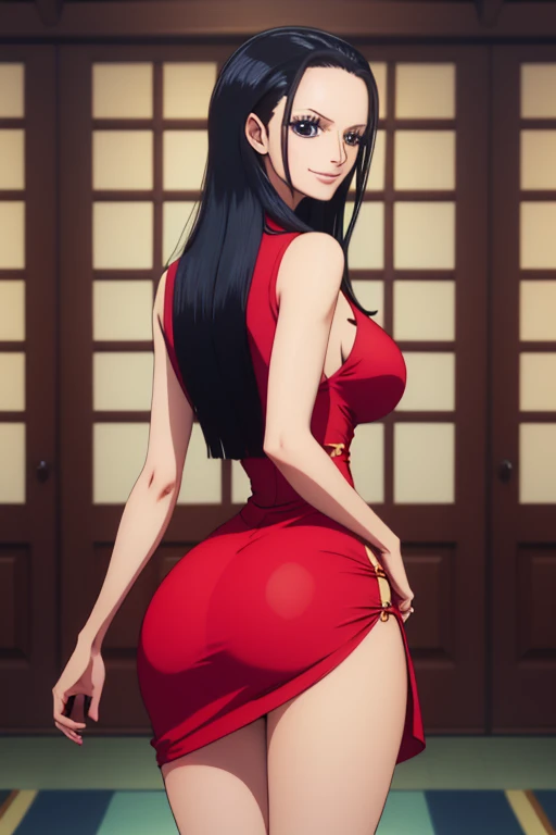 1girl, smile, long straight hair, girl, nico robin, one piece, short navy red dress without prints, big breasts, from behind, f/...