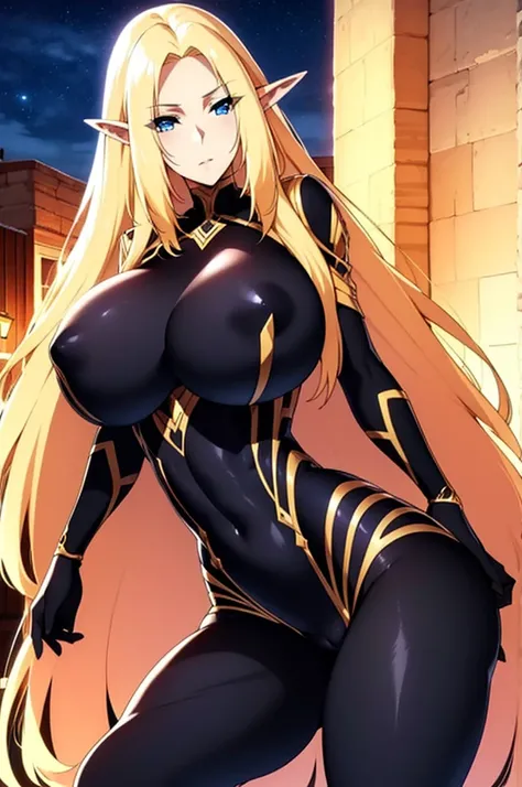 Alpha, blond and long and straight hair, blue eyes, elven ears, black bodysuite, huge breasts, ultra detailed, in the night