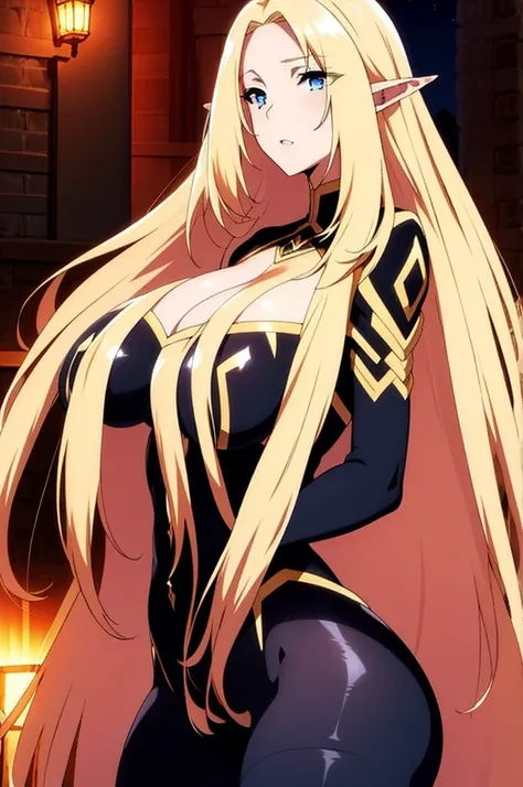 Alpha, blond and long and straight hair, blue eyes, elven ears, black bodysuite, huge breasts, ultra detailed, in the night