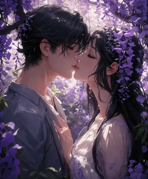 a man is kissing a woman in the wisteria forest, dark night, , (beautifully aesthetic:1.2),wisteria, peace, tranquility, serenit...