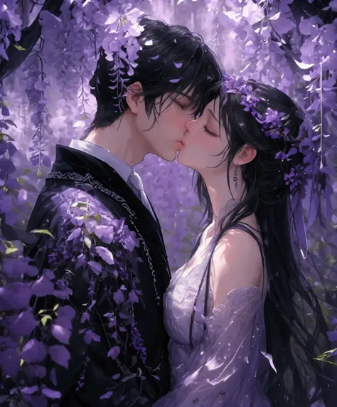 a man is kissing a woman in the wisteria forest, dark night, , (Beautifully Aesthetic:1.2),wisteria, peace, tranquility, serenity, petals