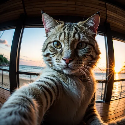 Big fluffy yellow cat taking a selfie on the beach, sunset, Fisheye Lens, Establishing Shot, Pastel Color Grading, Depth of field cinematography effect, Film Noir Genre, 8k resolution, high quality, Super detailed