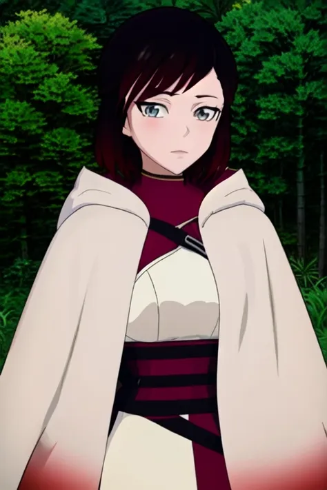 srwby, short hair, black hair, red hair, white cloak, white cape, gradient hair, grey eyes, solo, 1girl, looking at viewer, mast...