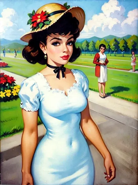 (((masterpiece))), (((ultra details))), (((sharp details))), 1 girl, black long straight hair, wearing white camisole dress, wearing capelin hat, around the field, smiley face for you, style of Francois Gerome